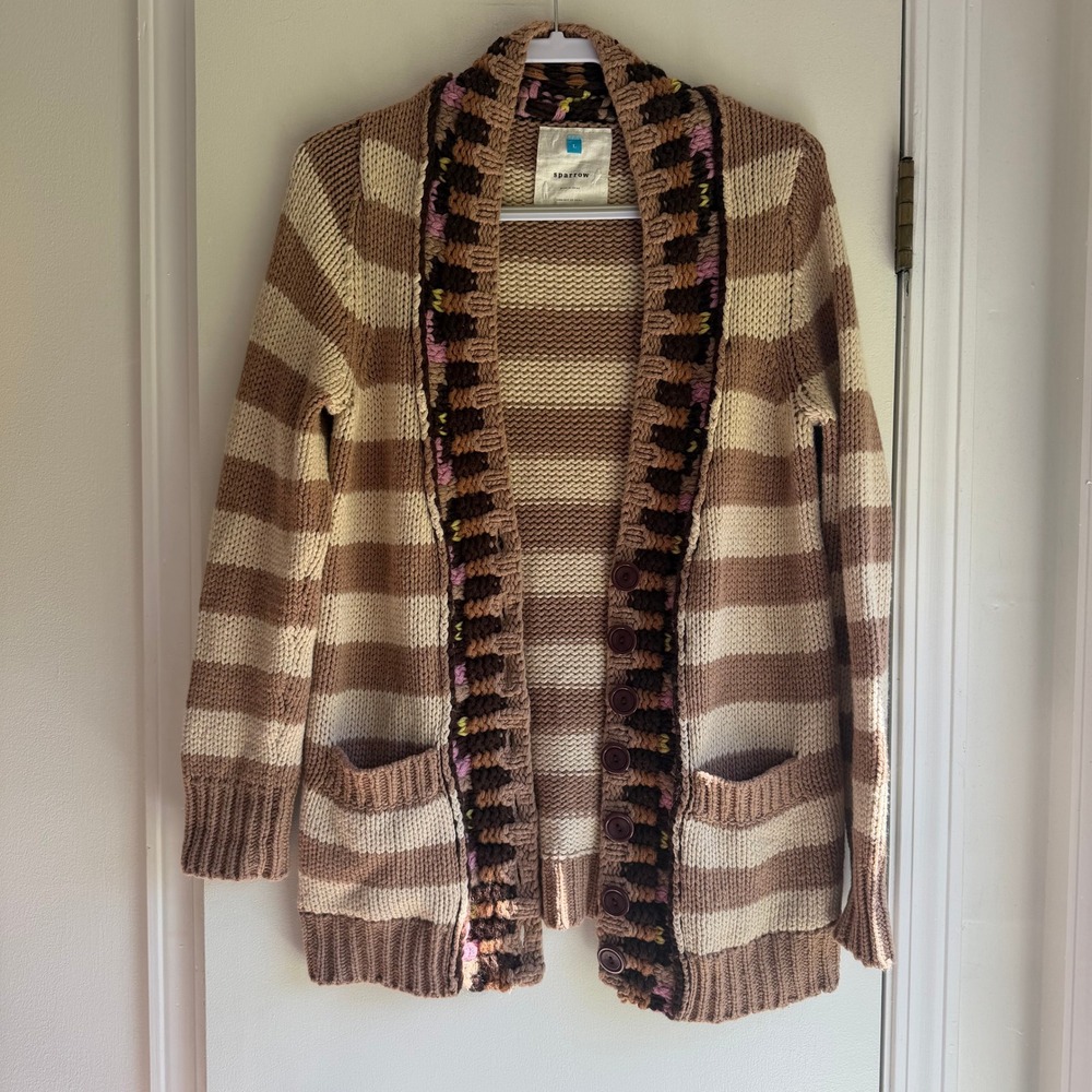 Sparrow Anthropologie Striped Chunky Knit Cardigan Lambswool Cashmere Blend L